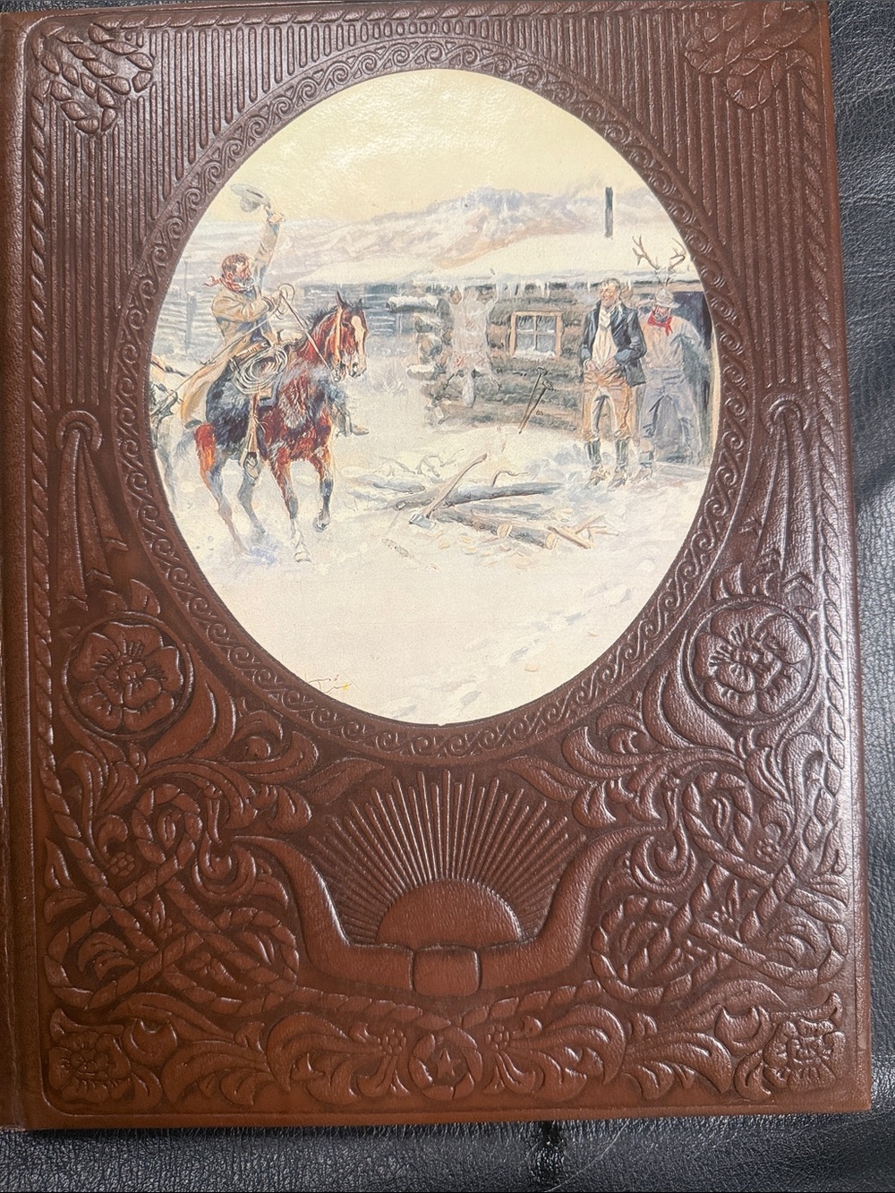 Brown Embossed Leather Home Accent with Winter Scene